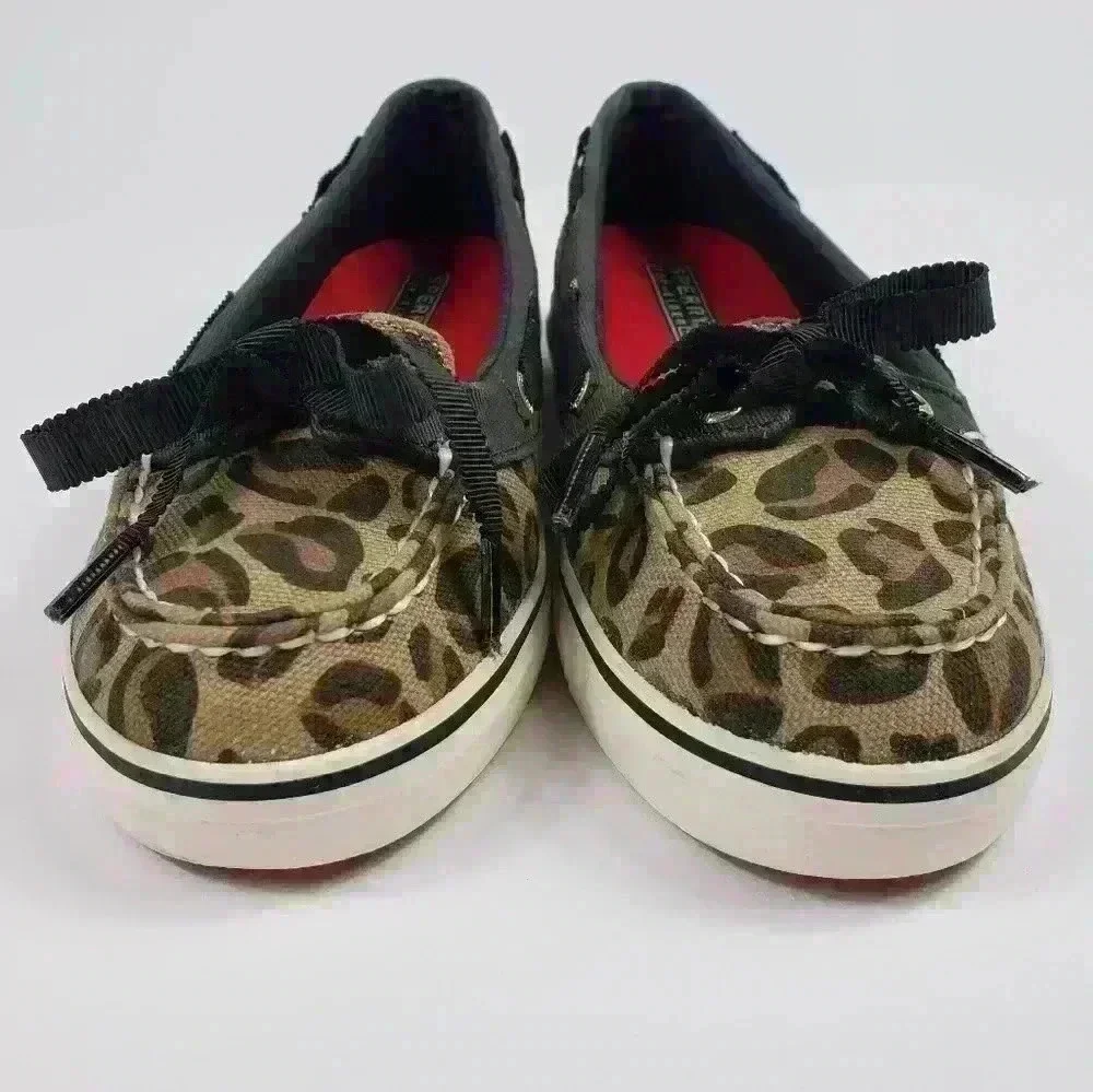 Sperry Top Sider Boat Shoes Leopard Tan Black White Gold Ribbon Laces Size 6M - Picture 2 of 15